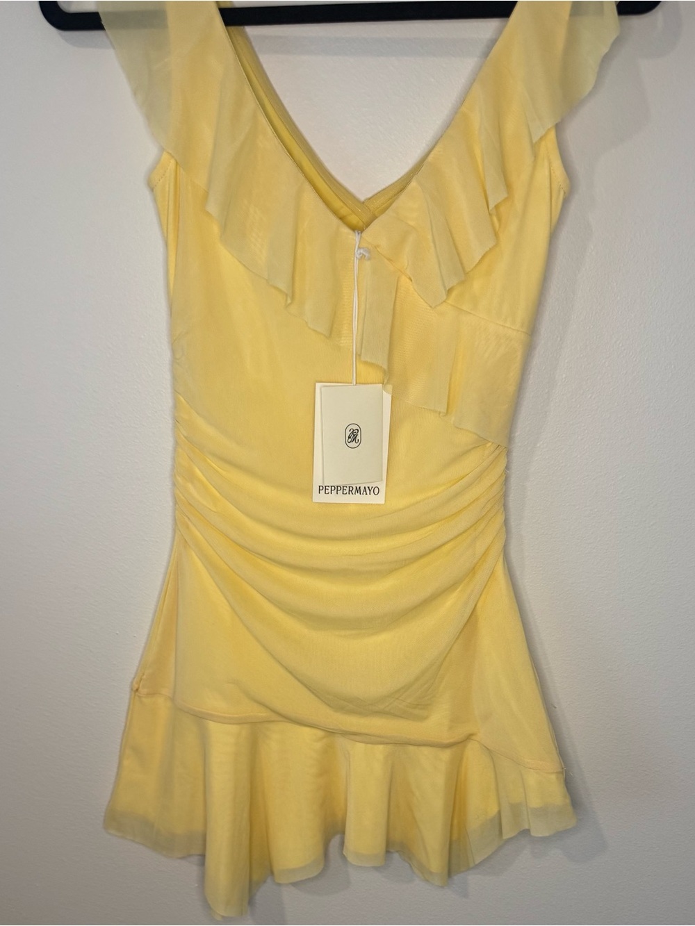 Peppermayo Shona Mini Dress Yellow Ruched Ruffle Mesh Party Dress US 6 NWT - Picture 5 of 12